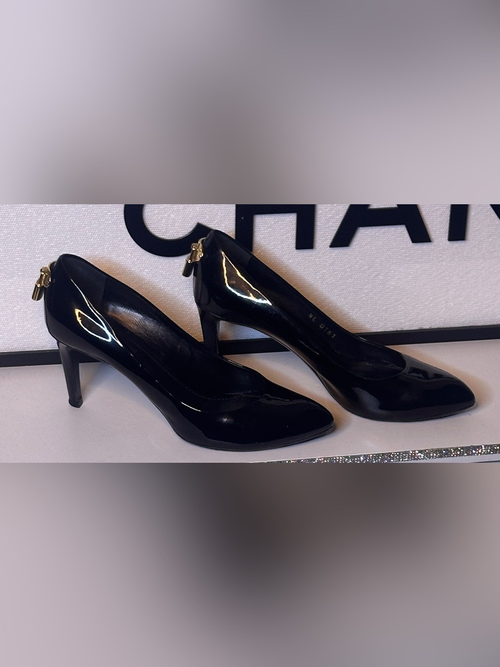 Louis Vuitton Padlock Heels Black Patent Leather Pumps Size 37.5 US 7,5